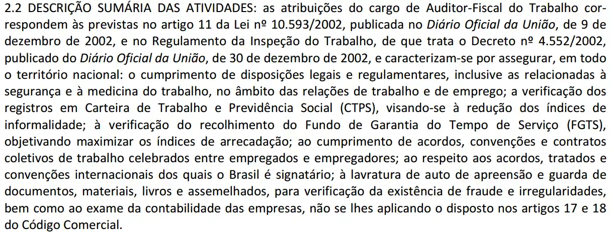 AFT - Descrição sumária das atividades